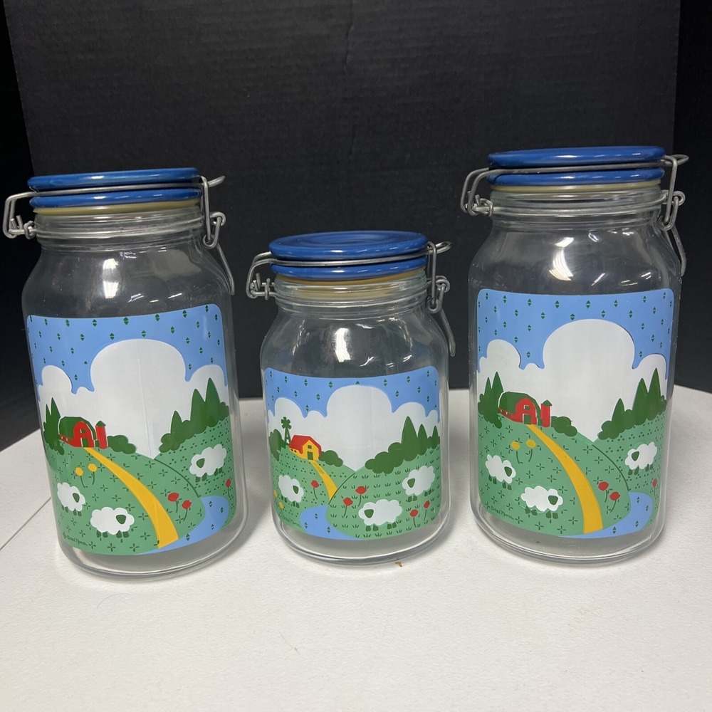 Lot Of 3 Anchor Hocking 1982 Nina Blue Country Farm Storage Jars Excellent Shape